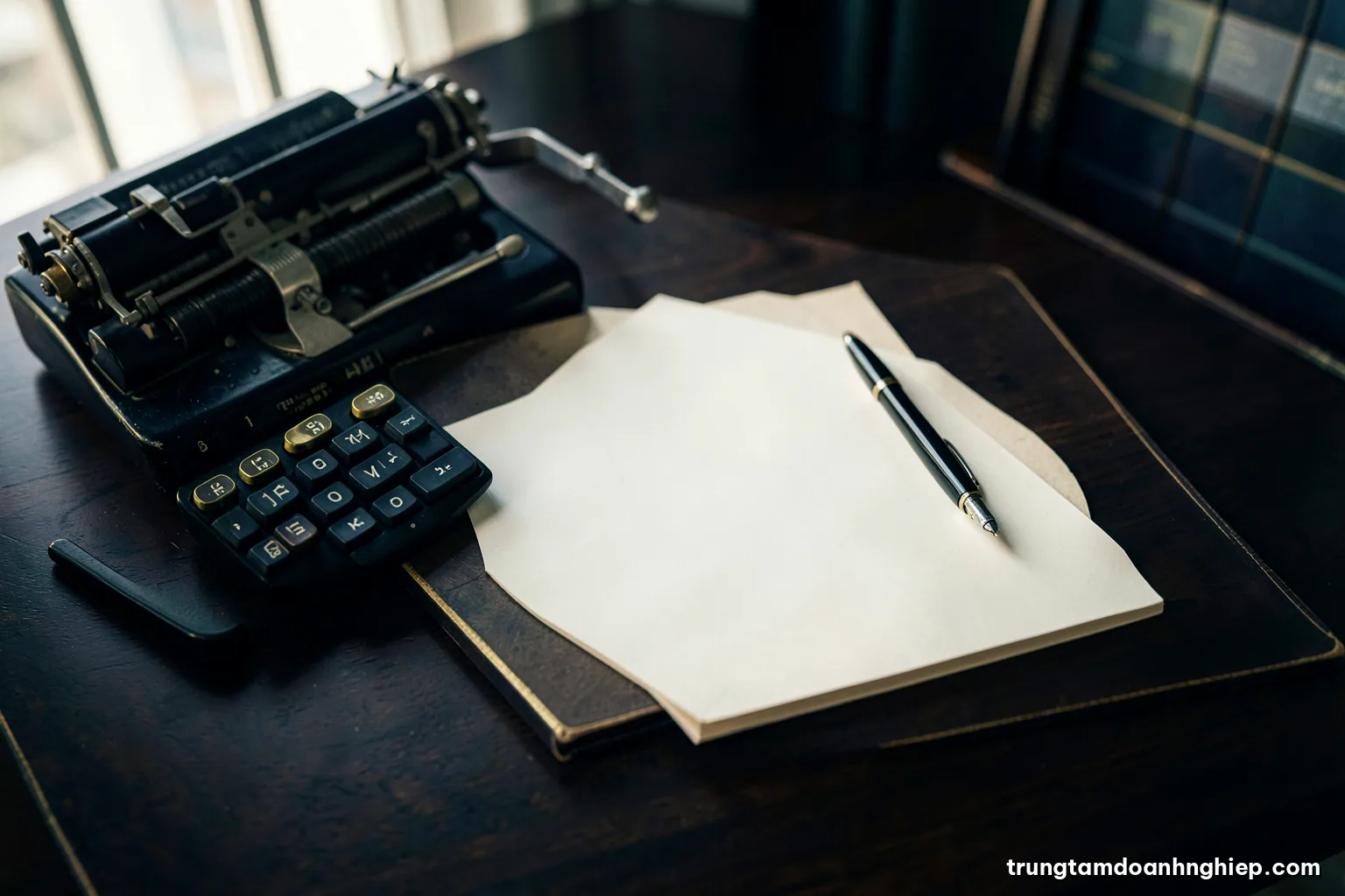 Macro top-down shot of a vintage mechanical calculator, a fountain pen and a blank ledger page on a dark walnut desk, soft side window light, sepia and deep green palette