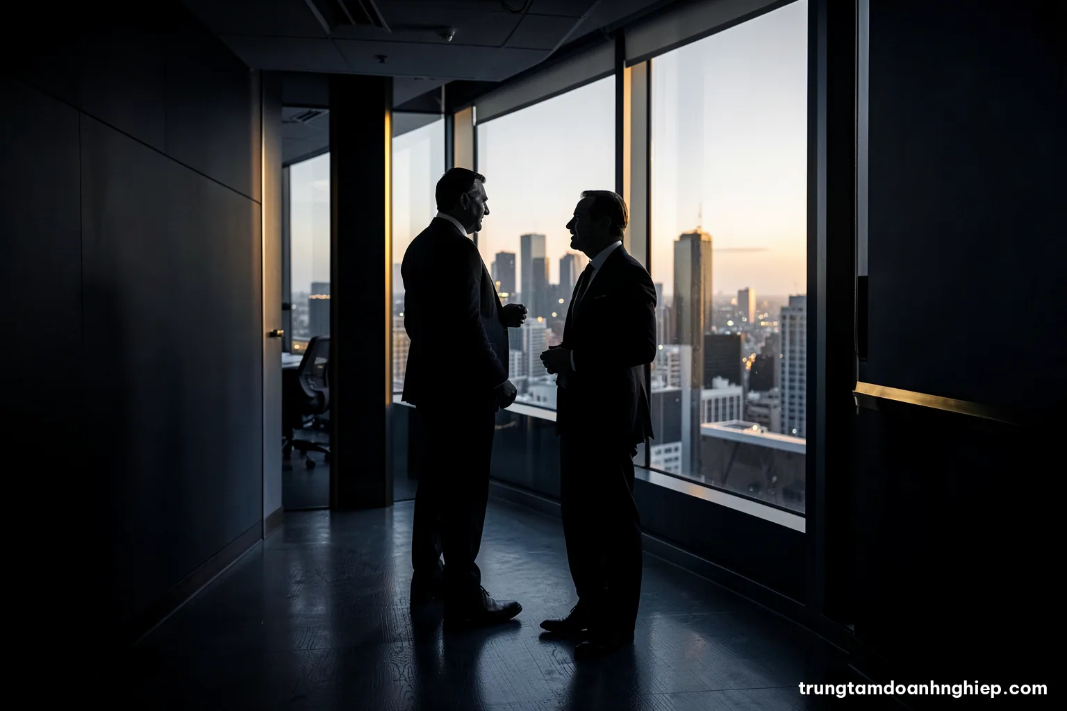 Silhouette of two executives standing by a tall window in a dim corridor, talking quietly, city skyline behind, strong backlight, monochrome charcoal with a hint of amber
