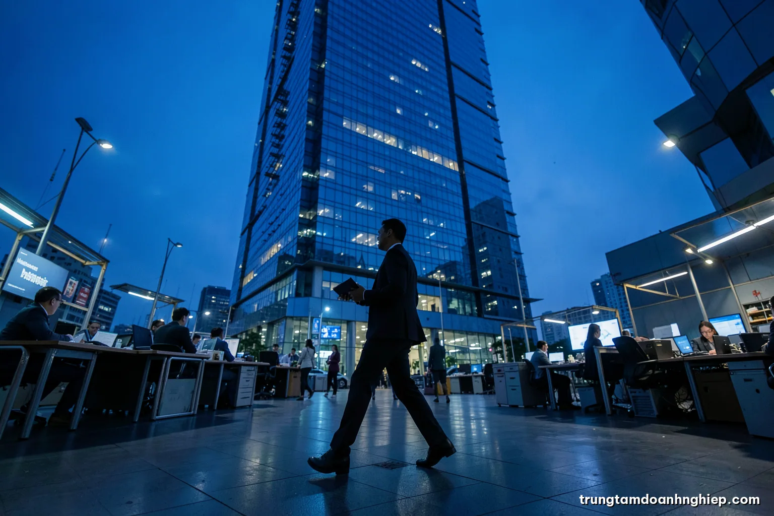 Low angle view of a glass office tower in Ho Chi Minh City at blue hour, a lone businessman silhouette crossing the plaza holding a slim folder, cool blue and silver tones