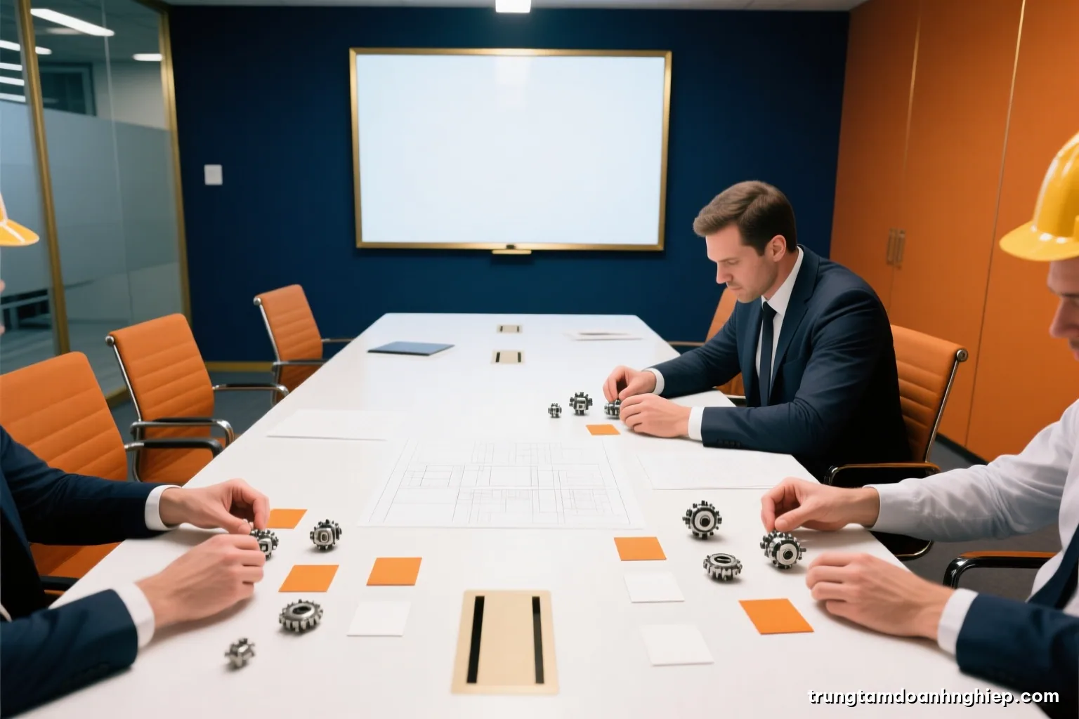 Top-down view of engineers hands arranging small mechanical parts and blank cards on a large white table during a planning session, bright diffused light, white and orange palette