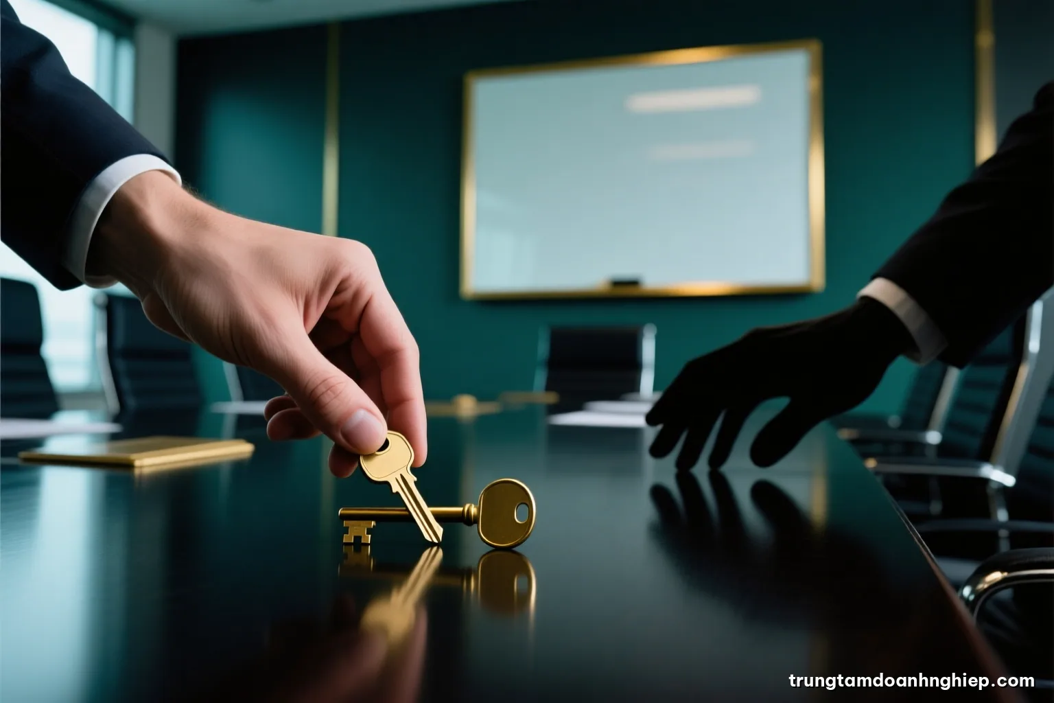 Macro shot of a hand sliding a single brass key across a polished dark desk toward another hand in shadow, shallow depth of field, moody side lighting, deep green and gold tones