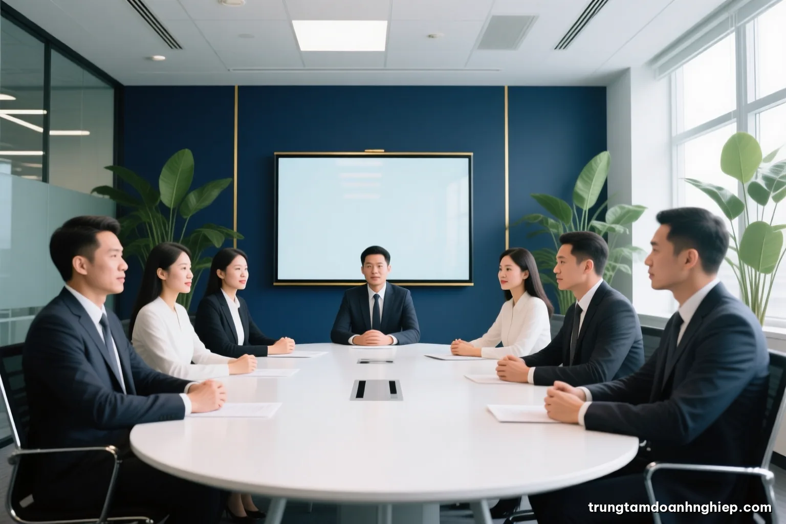 Low angle shot of eight Vietnamese adults seated around a round table in a bright meeting room with tall plants, faces softly blurred, natural light, white and sage palette
