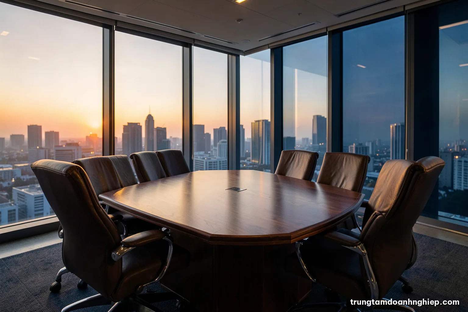 Wide shot of a modern Vietnamese boardroom at dawn, empty leather chairs around a long walnut table, city skyline through tall windows, warm gold light, calm editorial mood