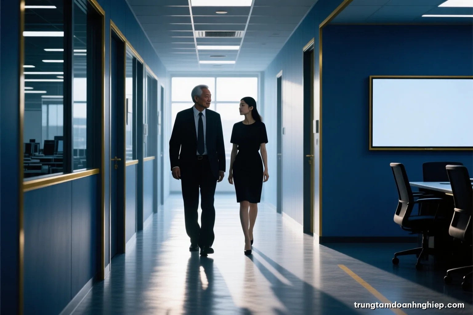 Silhouette of an older Vietnamese man and a young woman walking side by side through a quiet factory aisle at early morning, long shadows, cool blue and steel grey palette