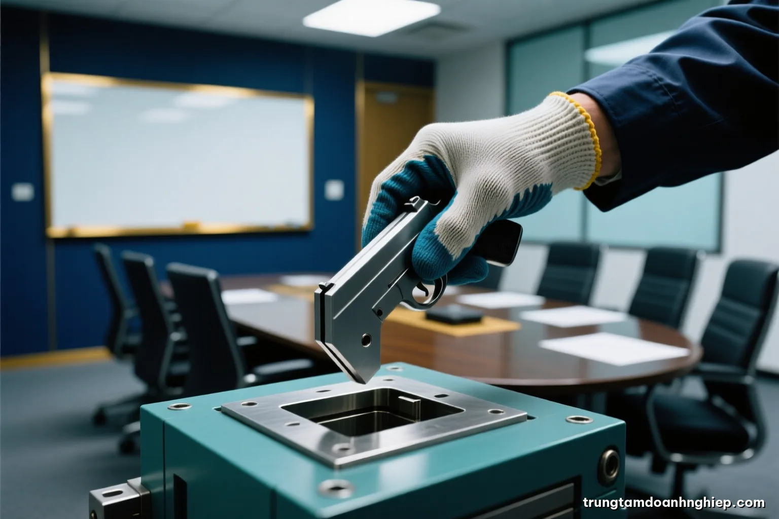 Extreme close-up of a worker gloved hand inserting an asymmetric metal part into a precisely shaped fixture, shallow depth of field, cool industrial light, gunmetal and teal palette