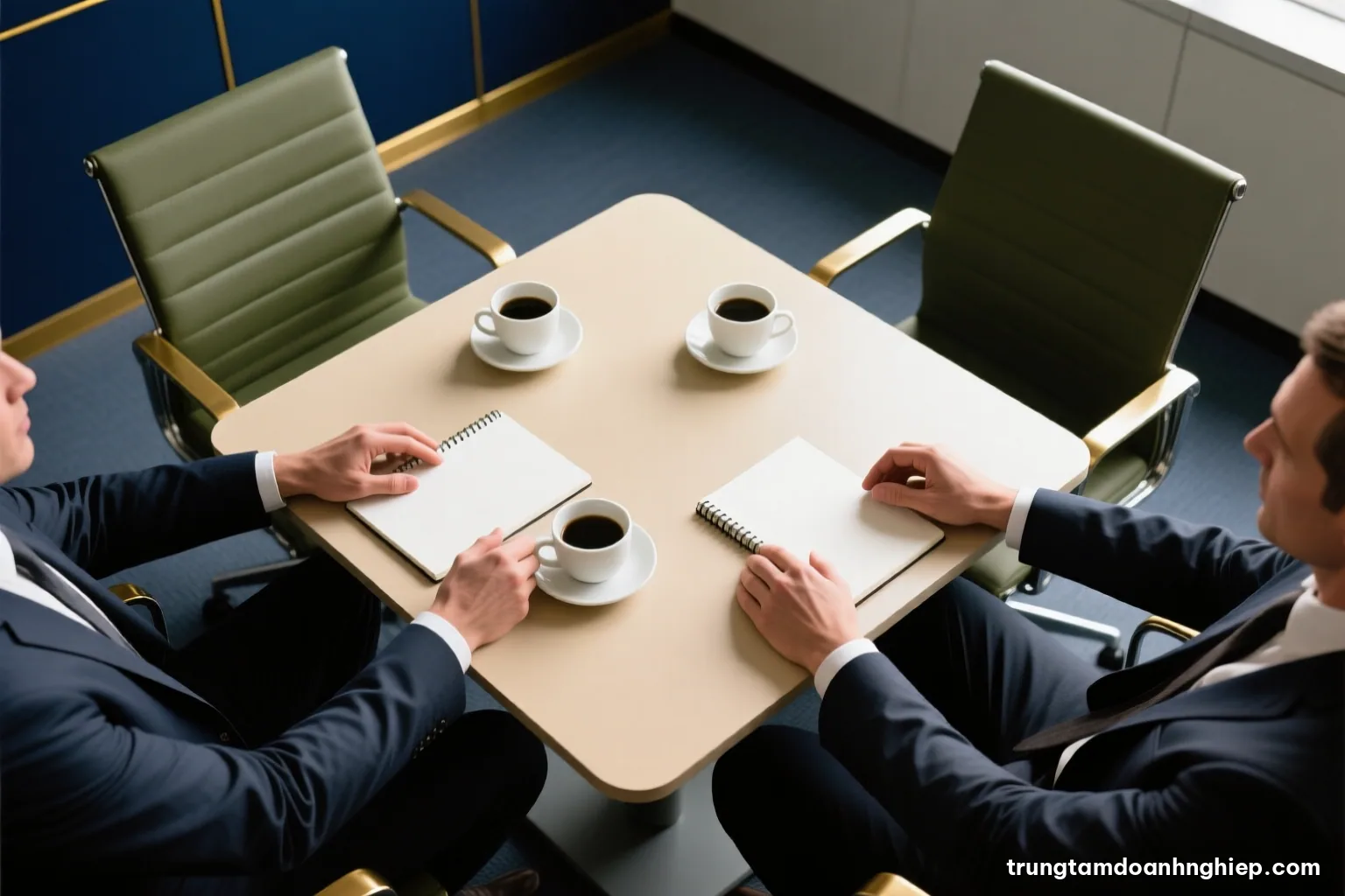 Top-down shot of two pairs of hands across a small square meeting table with coffee cups and blank notebooks, natural side light, beige and olive tones