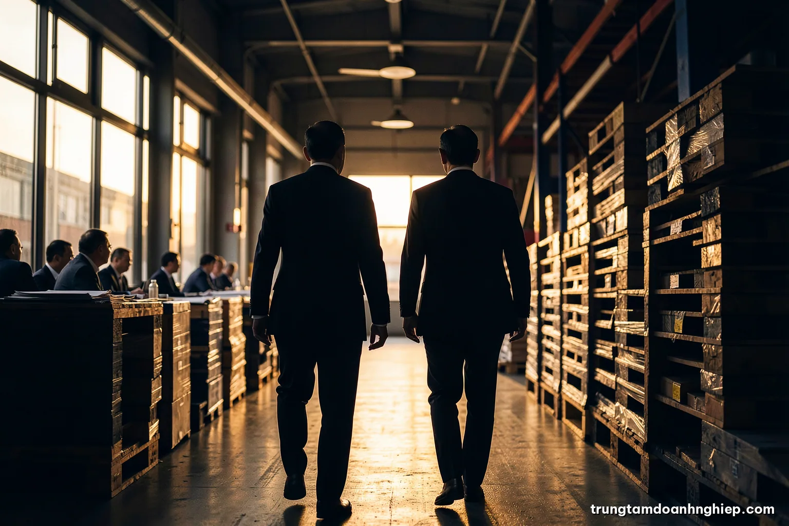 Silhouette of two Vietnamese managers walking along a long factory aisle with stacked pallets, seen from behind at low angle, golden afternoon light through high windows, warm ochre tones