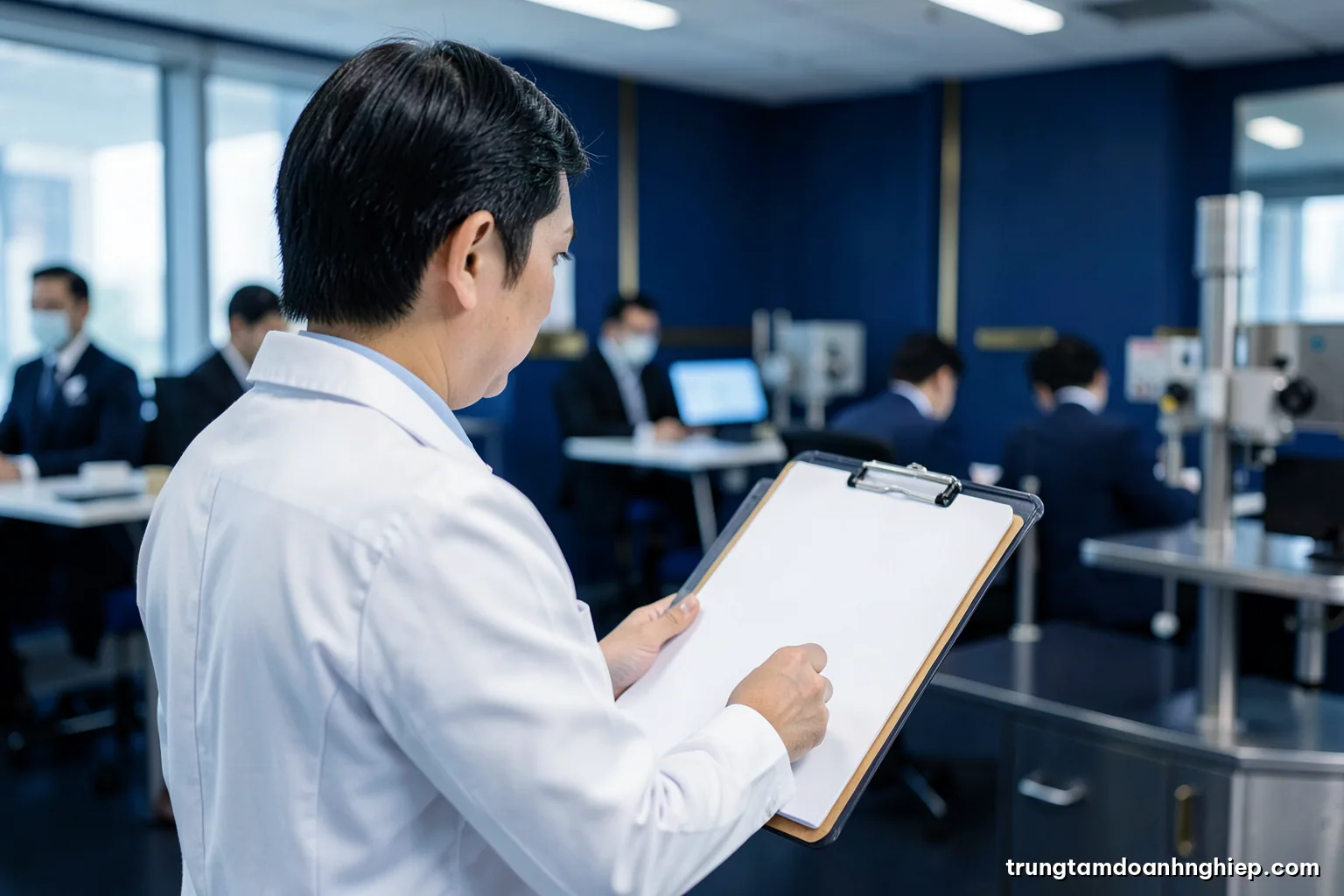 Over the shoulder view of a Vietnamese pharmacy technician in a white coat reviewing a blank clipboard beside stainless steel equipment, cool white light, clinical blue and silver tones