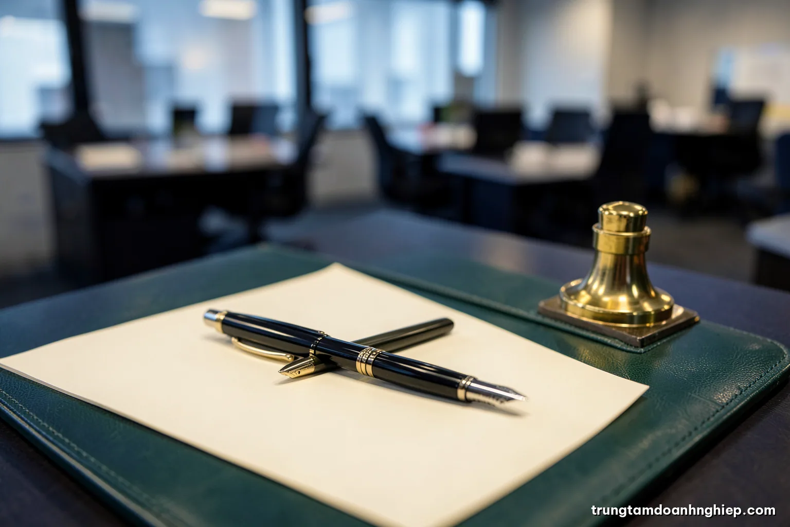 Macro shot of two fountain pens crossed on a blank cream sheet beside a brass paperweight on a dark green leather desk pad, warm tungsten light, shallow depth of field