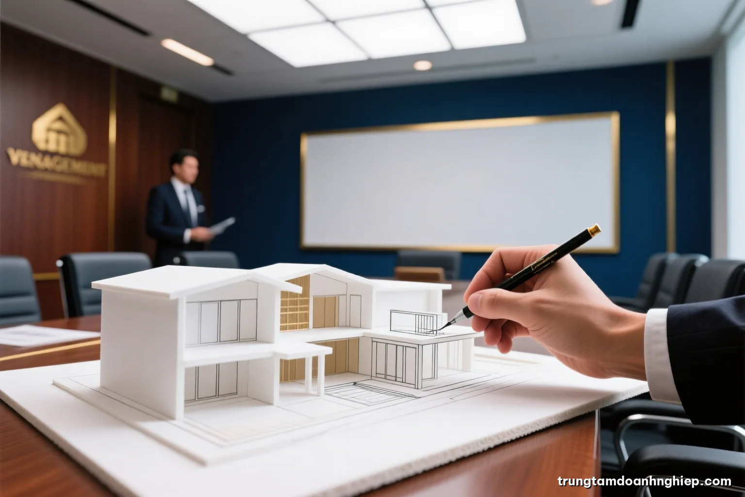 Close-up of a Vietnamese architect hand-sketching extensions onto a blank architectural model made of white foam board, daylight from a skylight, white and terracotta palette