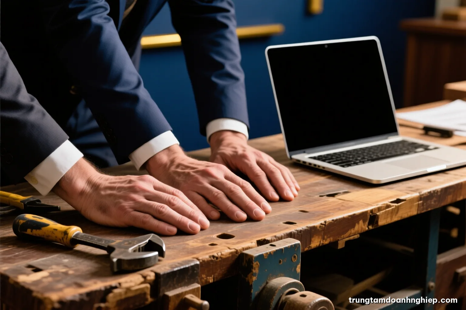 Macro shot of three generations of hands resting on an old wooden workbench beside worn hand tools and a new laptop with dark blank screen, warm side light, walnut palette